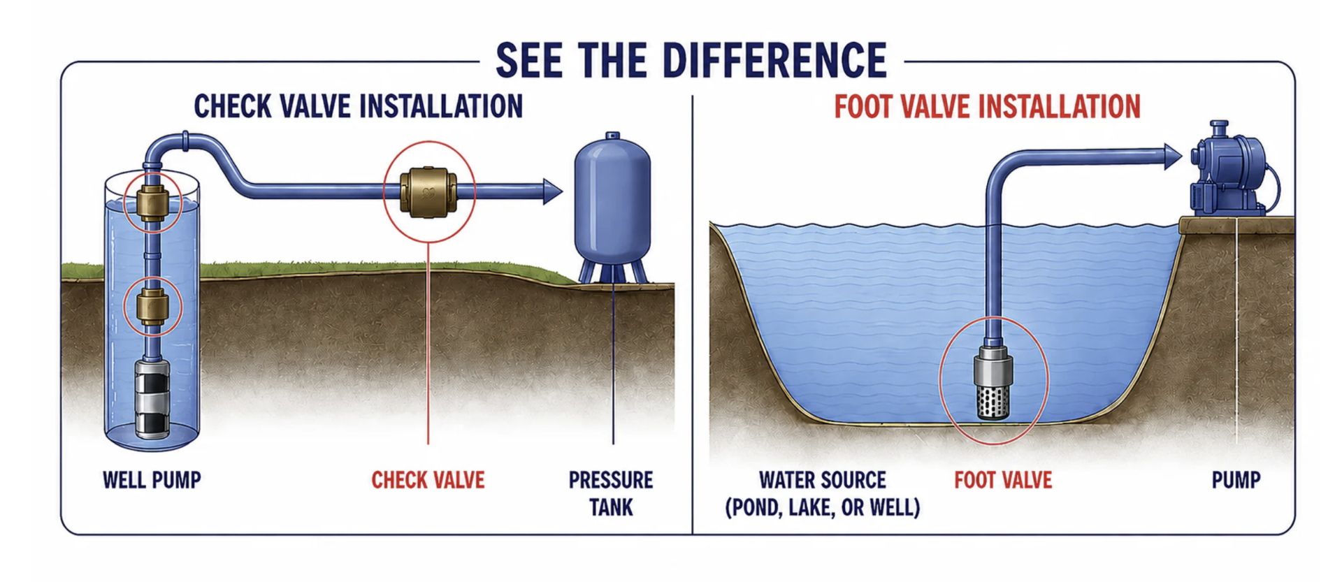 Check valve installation in a well pump discharge line and foot valve installation underwater at the water source